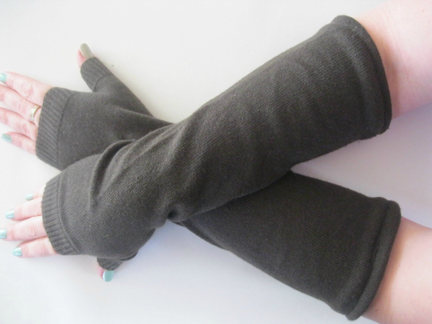 Spring Fingerless Gloves - Brown Texting Gloves Arm Warmers : Upcycled Recycled Repurposed Eco Friendly