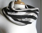 Charcoal and White Stripes Jersey Infinity Scarf - Lightweight Jersey Scarf : Gray Black and White Unisex Hipster Scarf