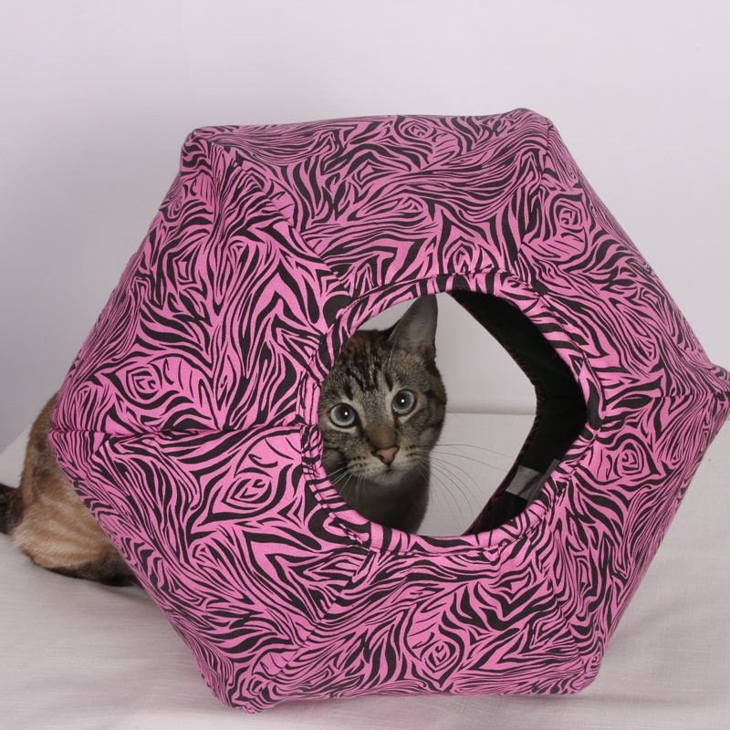 Cat Ball Modern Kitty Cave Bed in Fashionable Hot Pink Black Tiger Stripes