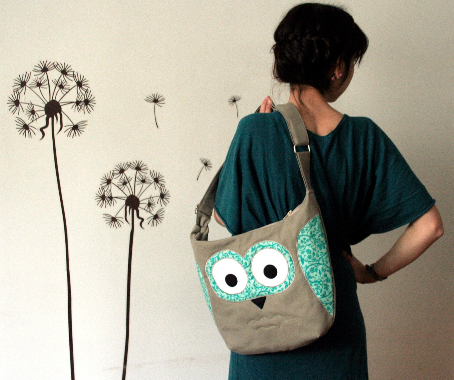 Spring Owl messenger in tan and turquoise with flowers and birds, everyday bag, book bag, large purse, spring fashion - made to order