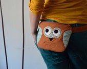 Orange Owl fanny pack, belt bag, burnt orange with teal, spring summer fashion - ready to ship