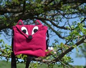 Little Pink Fox small messenger bag, soft bright pink fabric with grey polka dot ears, ready to ship