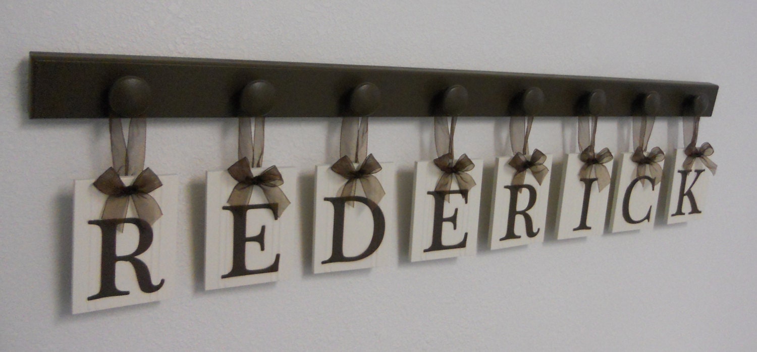Personalized Family Name Signs Wall Decor Includes 8 Hooks and Wood Letters REDERICK - Brown. Custom Family Name Wedding Gifts