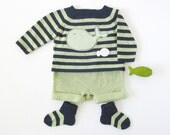 Knitted striped sweater, diaper cover and socks in navy/green, with a whale. 100% cotton. READY TO SHIP size 1-3 months. Easter.