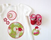 knitted dress, shoes, for a baby girl with flowers and circles. 100% cotton. READY TO SHIP in size 1/3 months