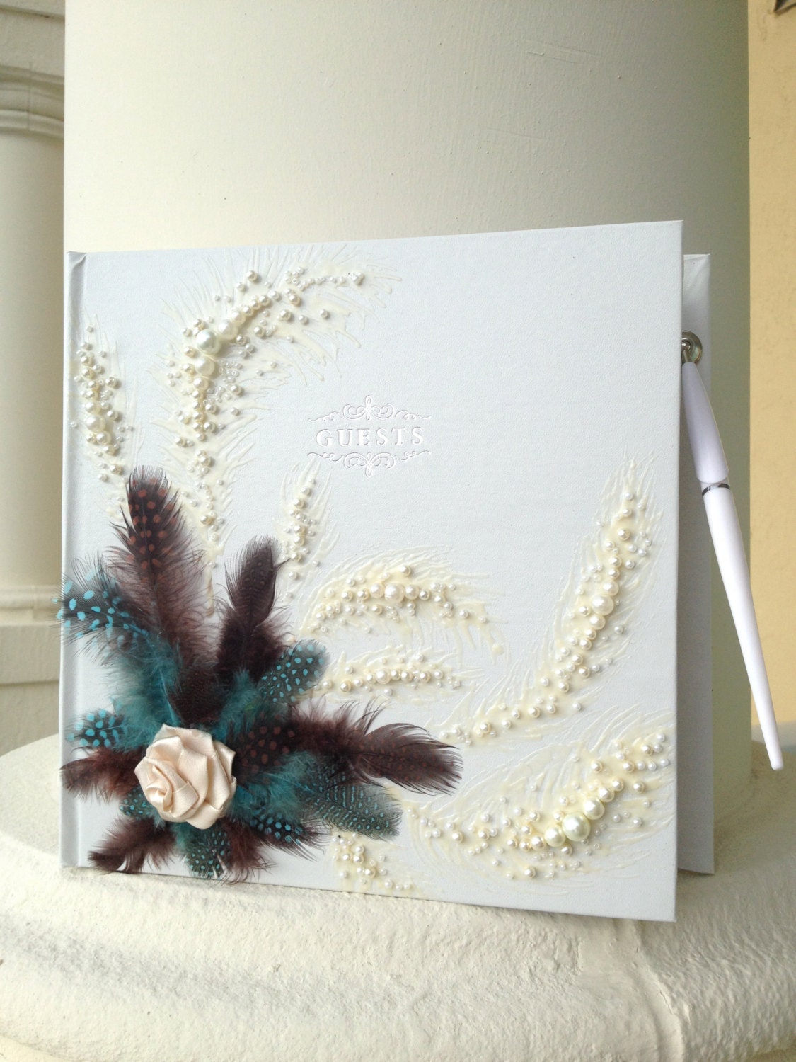 Beautiful wedding guest book and pen with feathers, roses and pearls in turquoise/chocolate/ivory, 11"x 10"