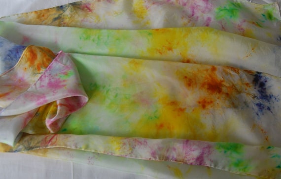 Hand painted Silk Scarf in Pastel Rainbow colors - Pink, green, blue, yellow and gold- hand dyed Scarf Batik Style women's fashion