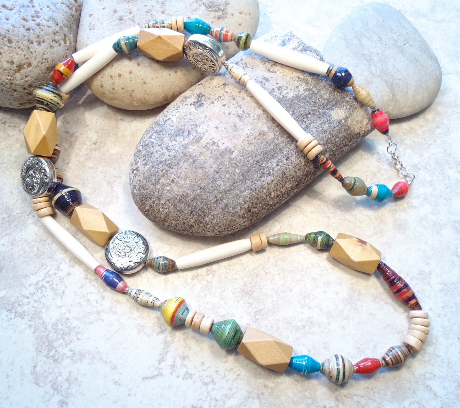 Natural and Paper Bead Long Necklace, Wood, Bone Necklace