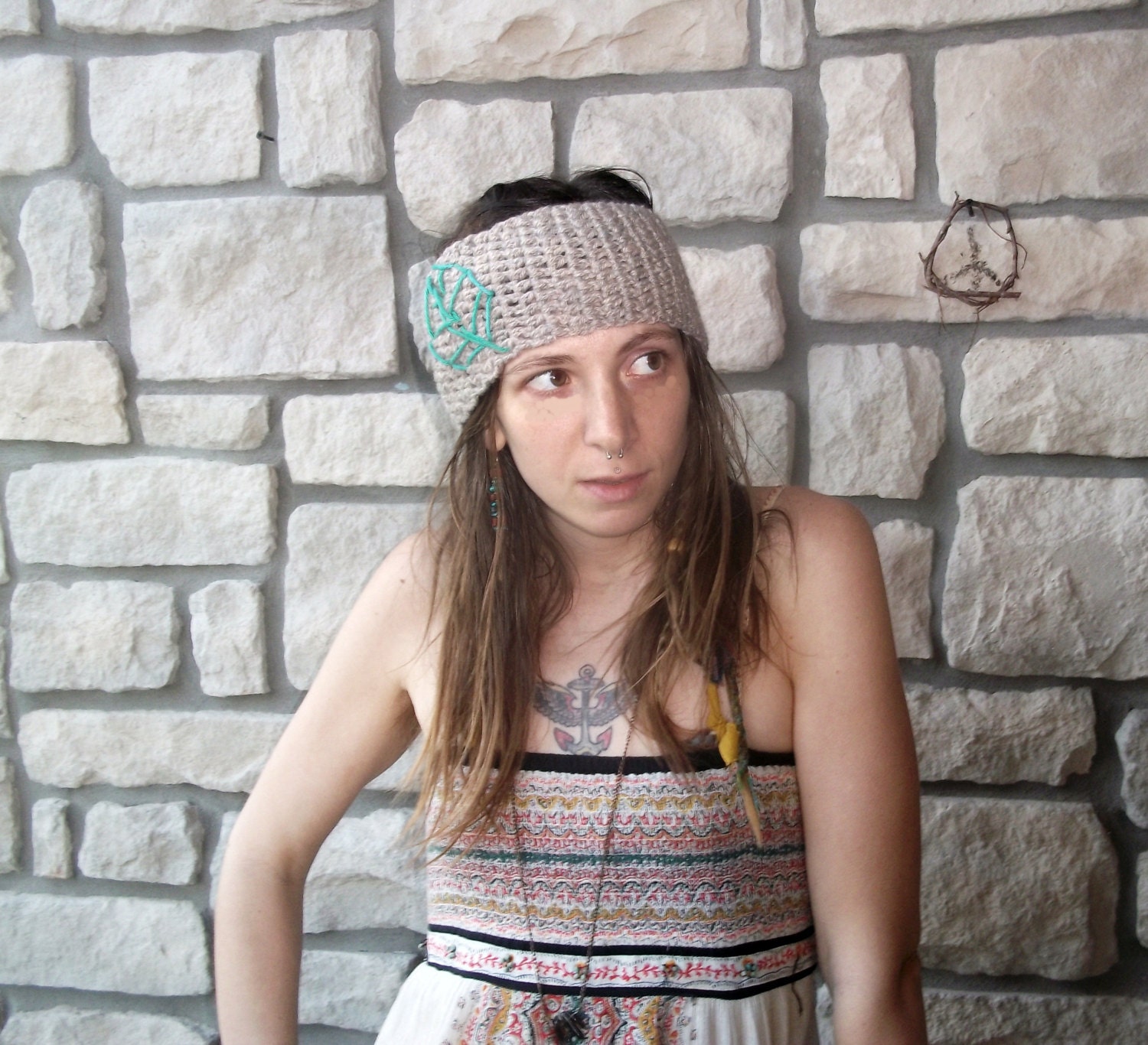 Wool Hippie Headband with Green Leaf / bohemian boho hippy winter ear warmer headband