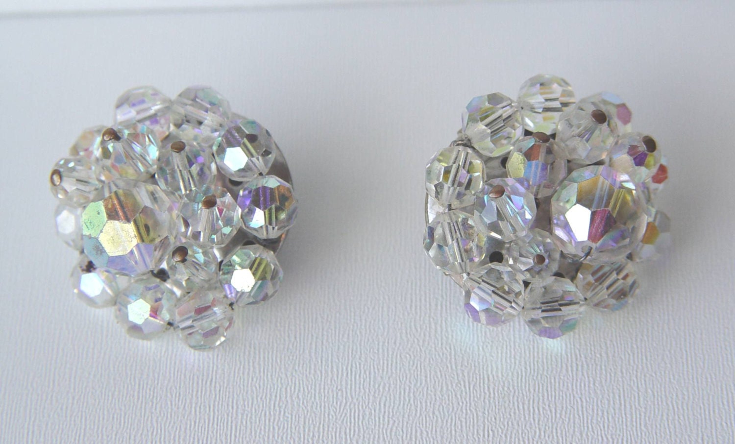 Sparkling Vintage Aurora Borealis Beaded Clip On EARRINGS