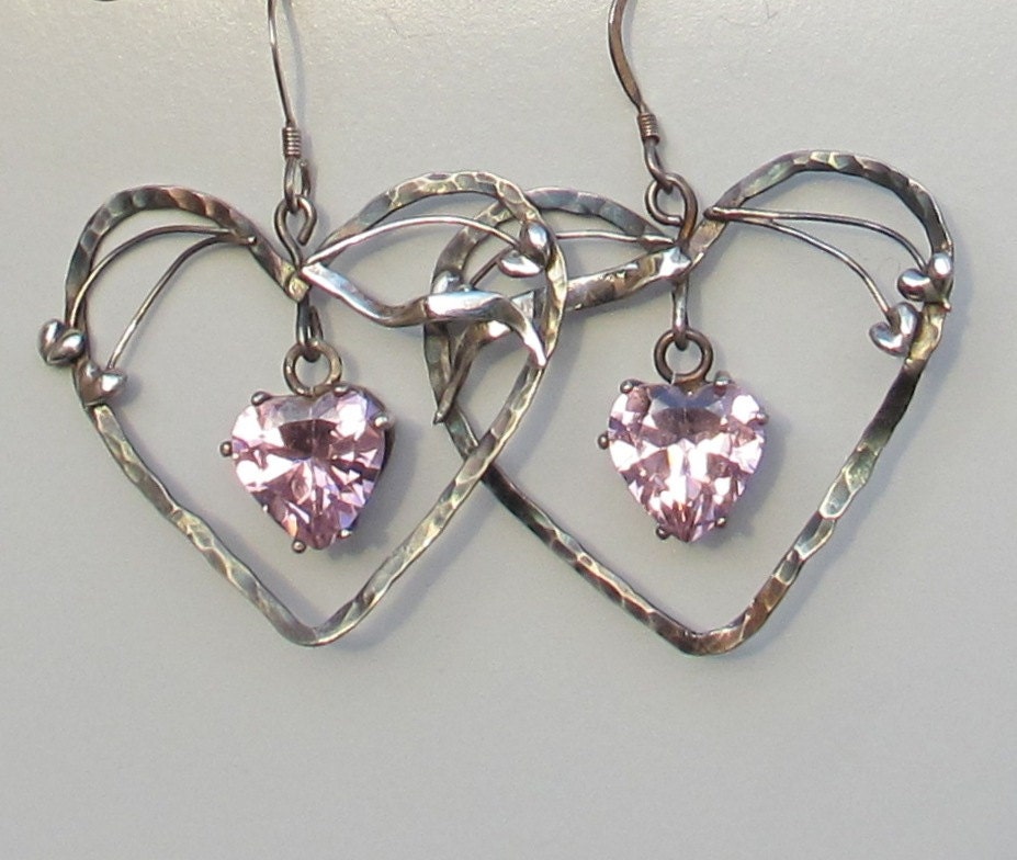 Sterling silver pink heart earrings, Art Nouveau earrings