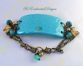 Handmade Turquoise Lotus Flower Stamped Glazed Pottery Bracelet Cuff - Brass Chain, Bead Charms