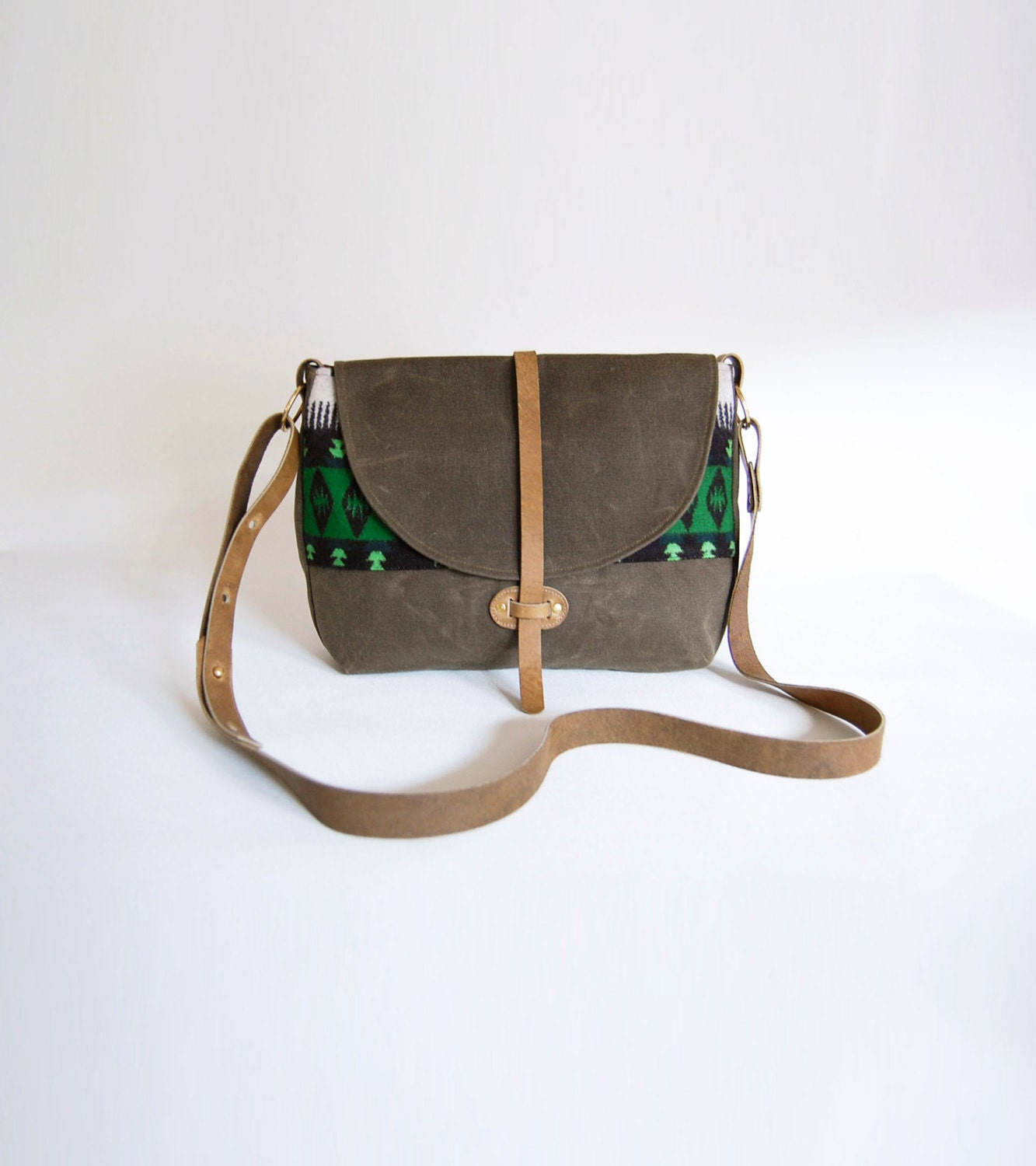 The Westwood Purse in Cove Green with Hunter Green Geometric Wool Contrast and Aged Leather Straps