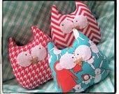 Owl Plushie Ornament - Red, Teal, White Houndstooth Chevron Whimsical Spring Set of 3