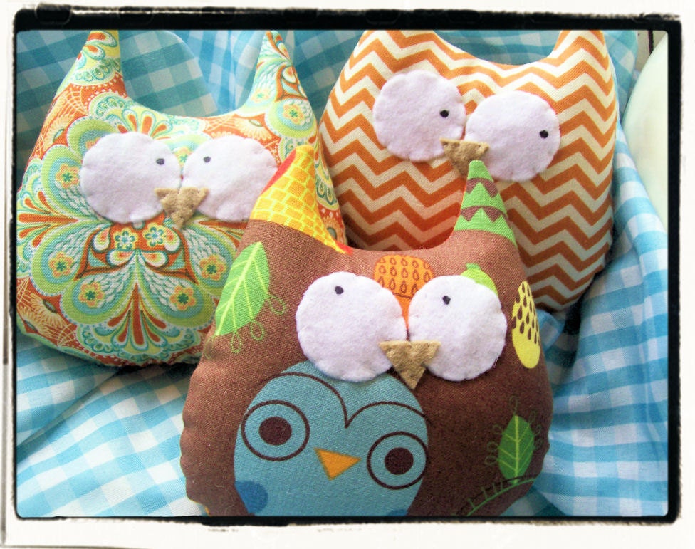 Owl Plushie Ornament - Orange Blue Green Brown Whimsical Spring Set of 3