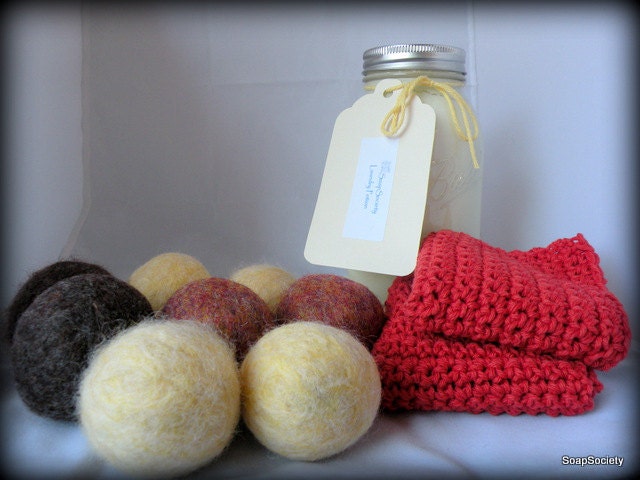 Natural Laundry Set----Natural Laundry Detergent--8 Wool Dryer Balls--2 Crochet Cotton Wash Cloths--Unscented or Scented--You Pick Colors