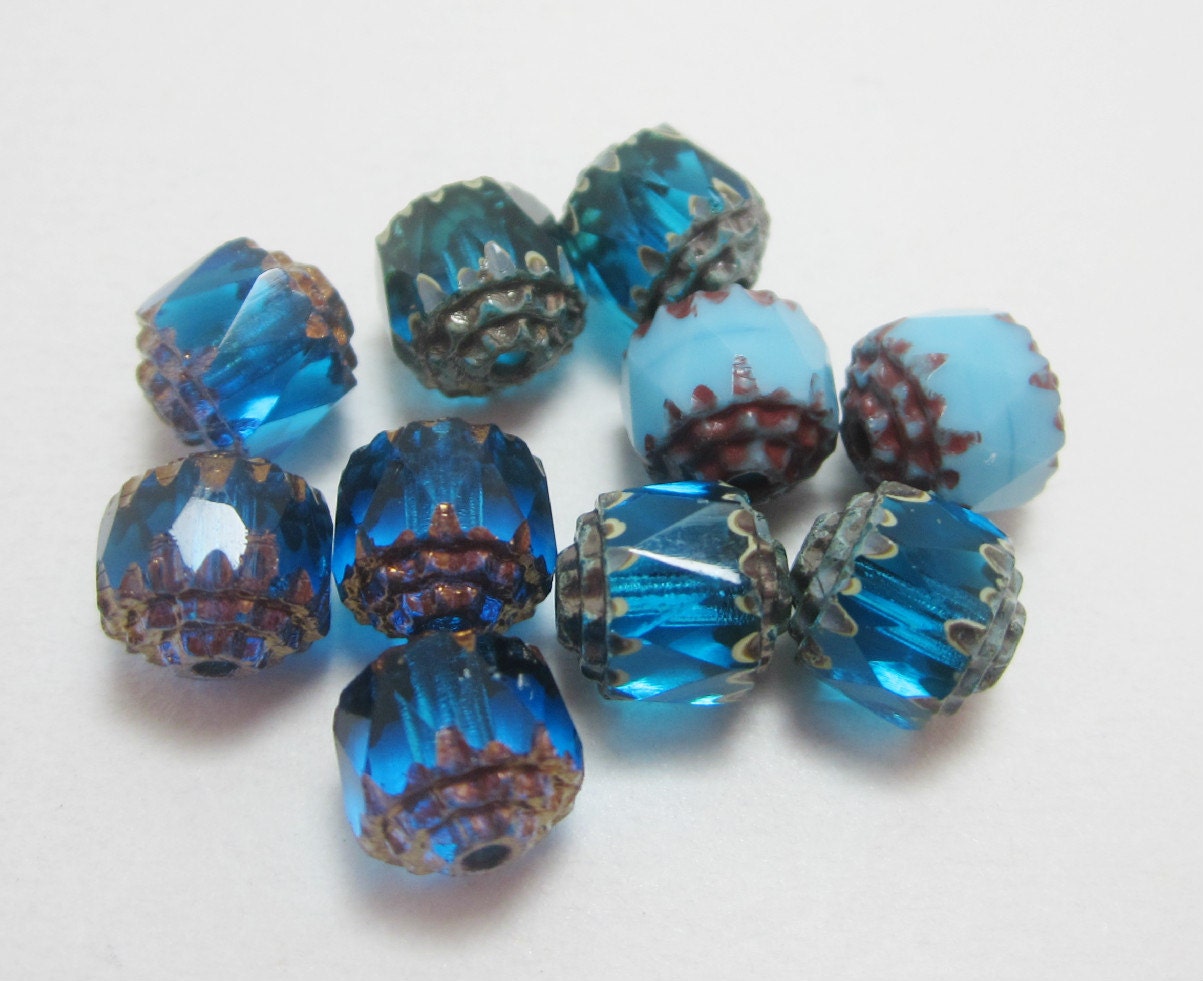 10 Aqua and Sky Blue Cathedral Czech Bead Mix 8mm 4317