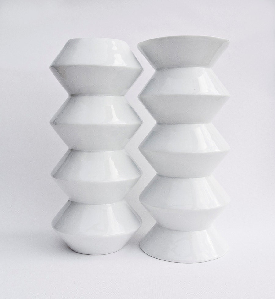 White Ceramic Vase Set - two Zig Zag Modern Porcelain Vases