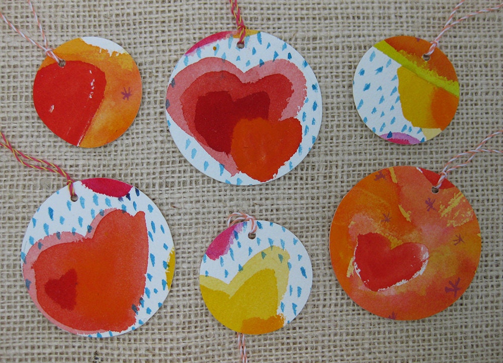 Heart Gift Tags, Wedding Favors, Unique, Red Hearts, Pink, Watercolor, One of a Kind, Baker's Twine, Party - Set of 6