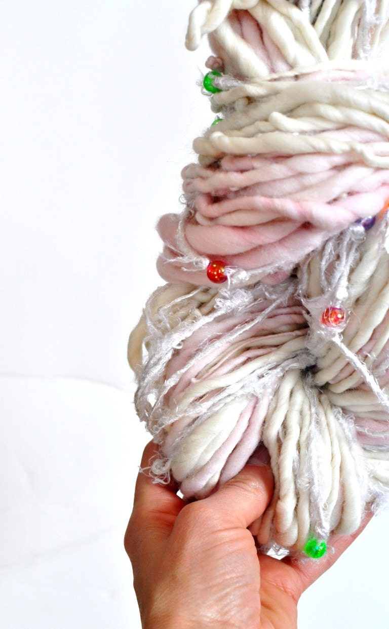 Handspun, Bulky Art Yarn, Beaded, Pink, Silk, by Spinning Wheel