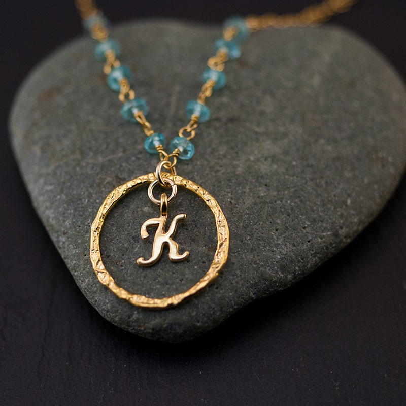 Wire wrapped chain - Personalized Initial Necklace - Apatite Necklace - Custom Initials Jewelry - Gold Letter Necklace