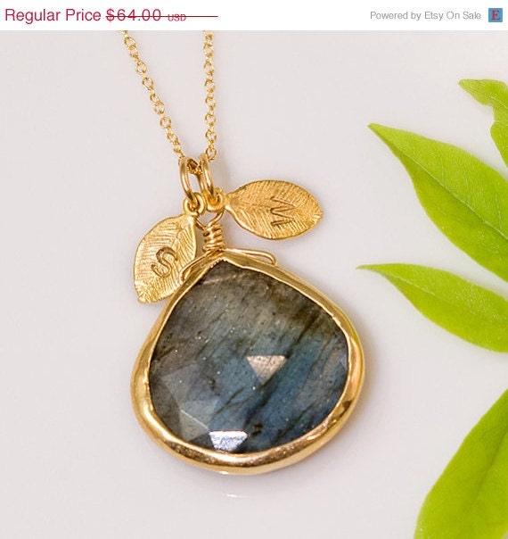 CLEARANCE - Personalized Necklace - Labradorite Necklace -  Personalized Jewelry - Custom Stamp Initials - Mother's Day Gift