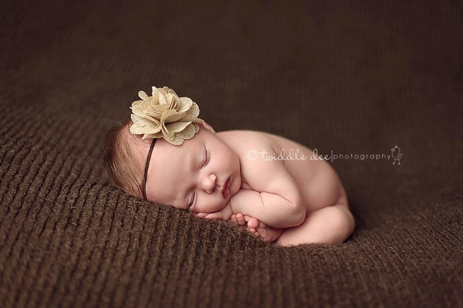 Baby Headband- Girl Headband- Tan Burlap Ruffled Flower on Skinny Brown Elastic Headband
