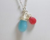 Pendant Necklace, Candy Jade and Blue Chalcedony Teardrops, Women's Jewelry, Wire Wrapped