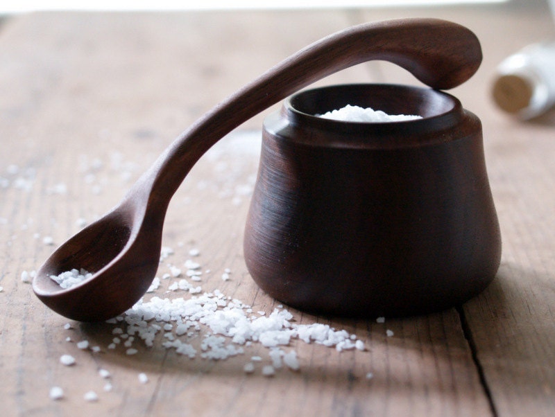 Walnut Salt Bowl and Spoon - Carved Salt Spoon and Bowl - Salt Cellar Spoon