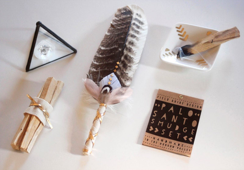 Palo Santo Smudge Set with Handmade Feather Fan, Palo Santo Sticks, and Booklet with Basic Smudging Instructions