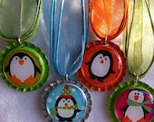 Whimsical Penguin bottle cap with  ribbon strand necklace
