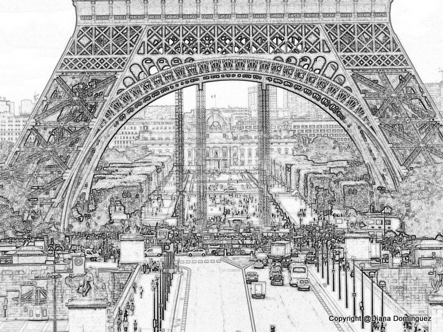 Street Level Eiffel Tower- Paris France Sketch 8x10 Drawing, home decor,  paris, france, ink drawings, Contemporary art