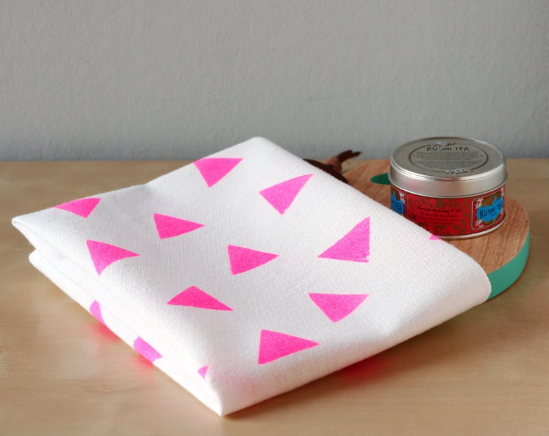 Neon pink handprinted triangle tea towel - Designer dishcloth