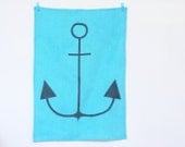 Teal linen Anchor tea towel - Grey anchor on linen - Nautical Foodie gift - Men's gift