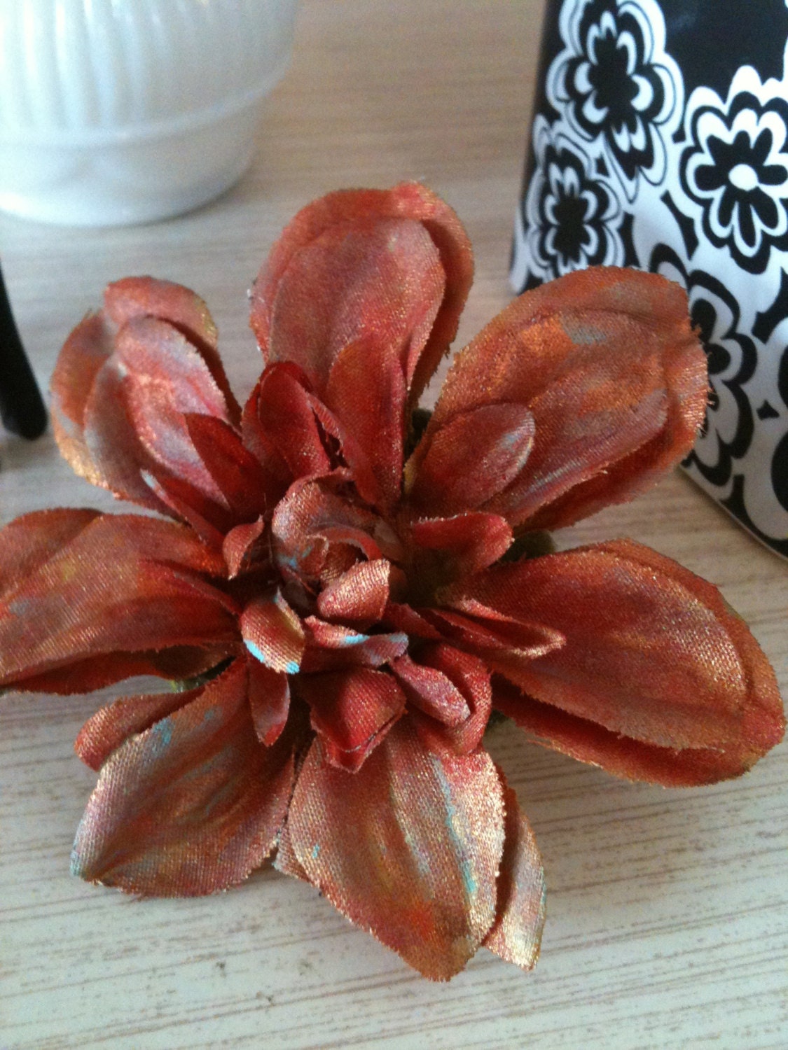 Faux Flower Hair Clip Hand Painted Copper Patina Metallic