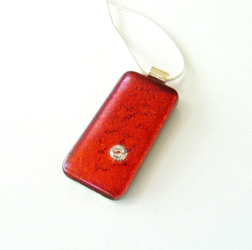 Fused glass pendant, red glass pendant necklace with cubic zirconia