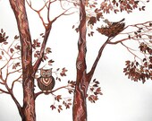 Tree Owl Bird Brown Original Painting Illustration Mixed Media Watercolor Forest Woodland