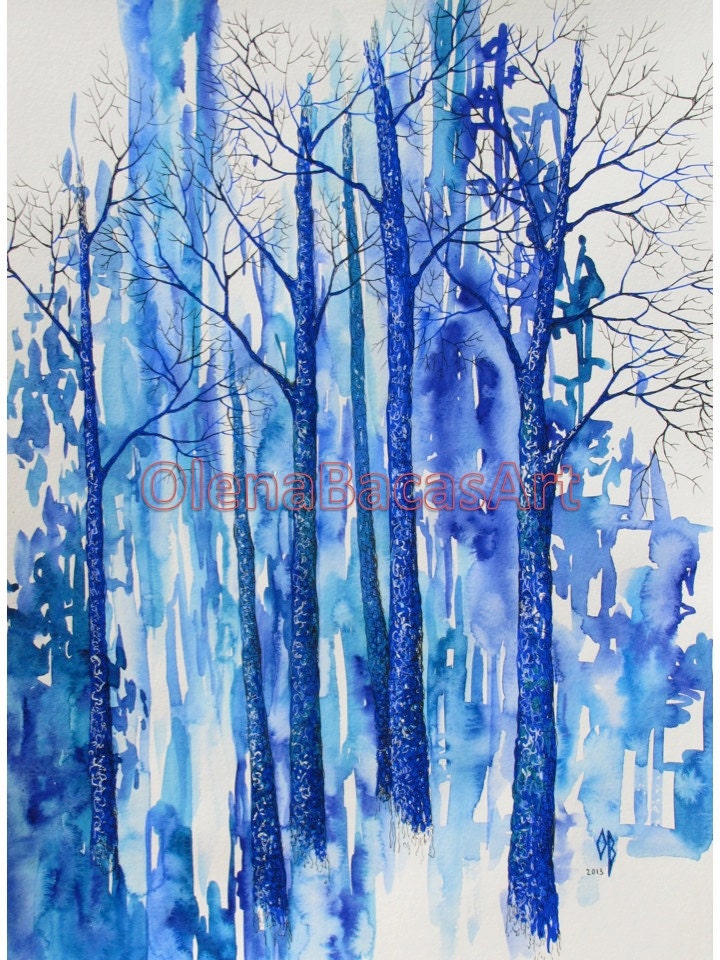 Blue Turquoise Forest ORIGINAL Watercolor Painting Large Abstract Woodland Trees Mixed Media 18"x24"  SALE