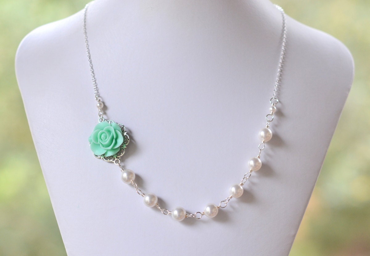 Mint Aqua Rose Asymmetrical Bridesmaid Necklace with White Swarovski Pearls. Bridal Jewelry. Mint Bridesmaids Gifts