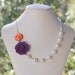 Bridesmaid Necklace: Purple and Coral Rose Asymmetrical White Swarovski Pearl Necklace. Statement Necklace. Bridal Party Jewelry Gift.