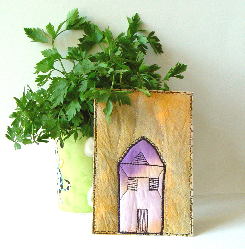 Purple House, fabric postcard, home decor, fiber art card, quilted postcard