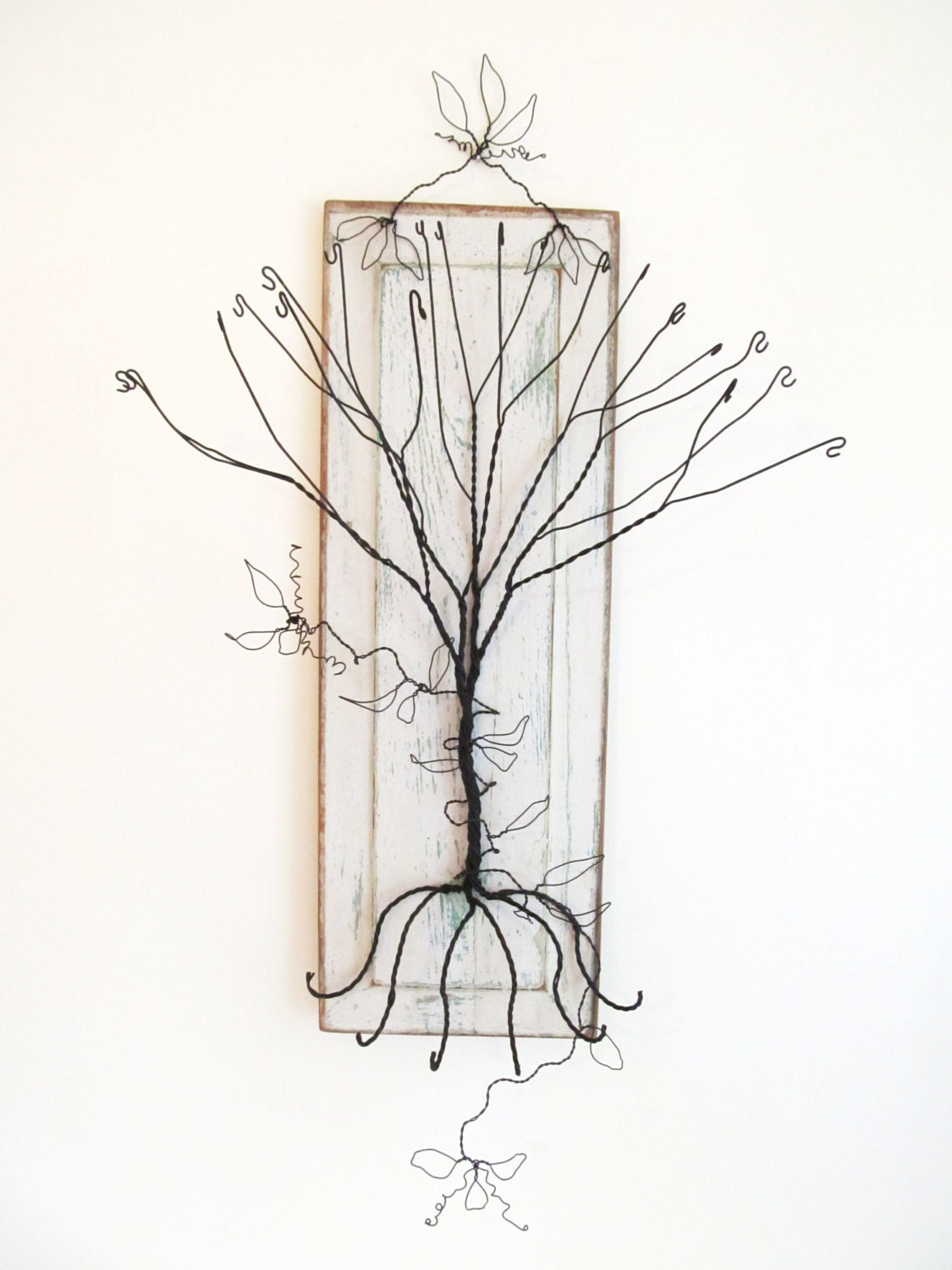 Original Vintage White/Green Chippy Wood Panel and Wire Wall Jewelry Holder/Display