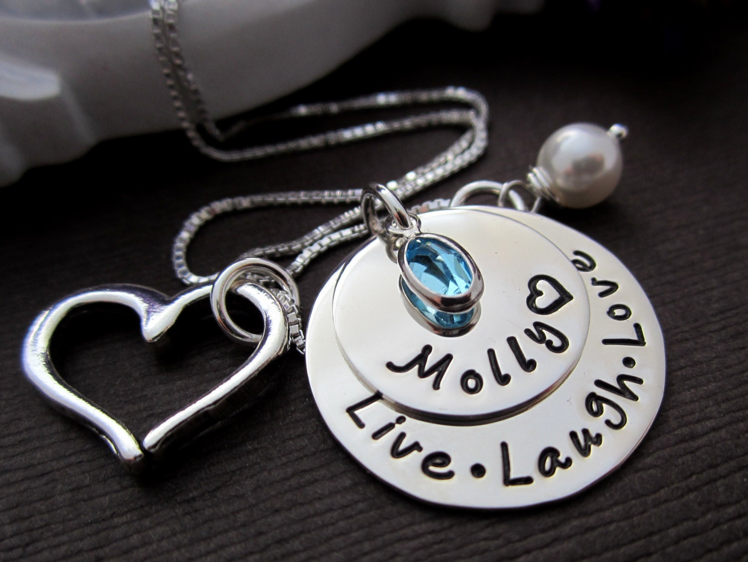 Personalized Heart Necklace, hand stamped Baby Name Necklace, custom Swarovski Birthstone Jewelry - Live - Laugh - Love
