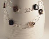 Long silver necklace with black moss agate, sterling silver semi precious stones