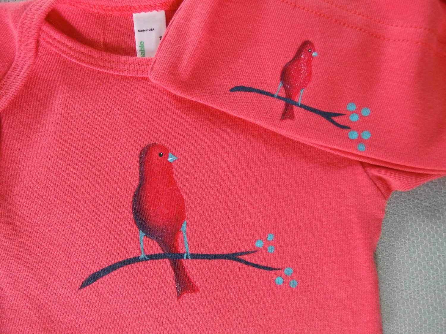 Red Bird hand painted on American Apparel, organic cotton, onesie and hat gift set