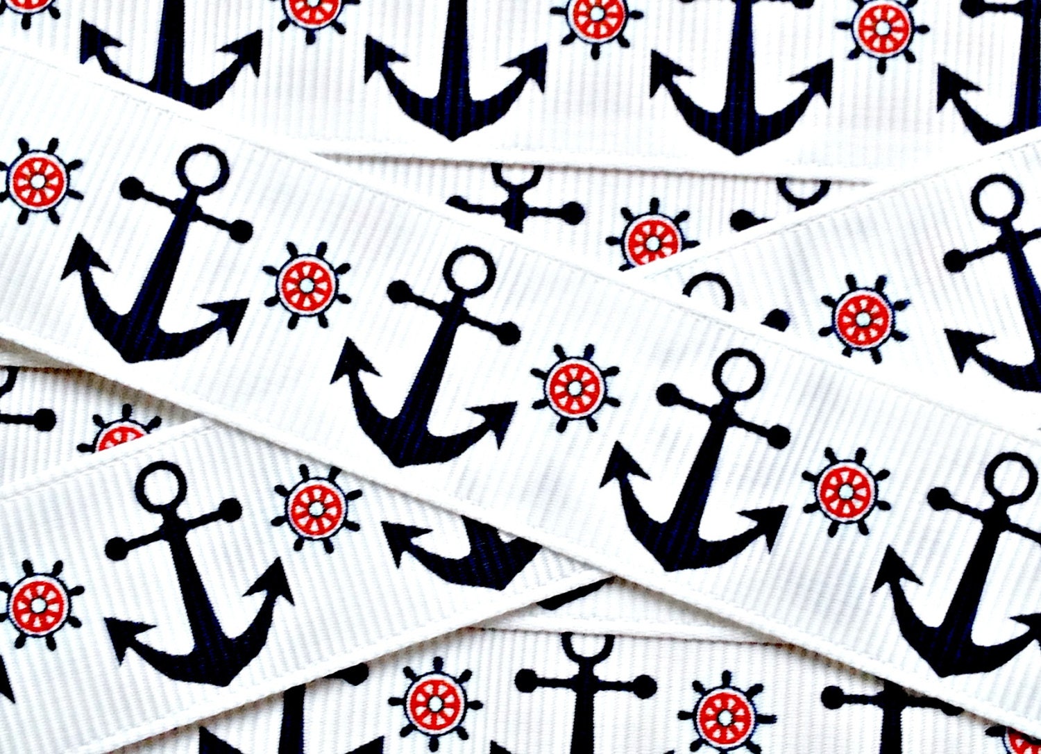 patriotic nautical navy anchors & red steering wheels on 7/8" grosgrain ribbon