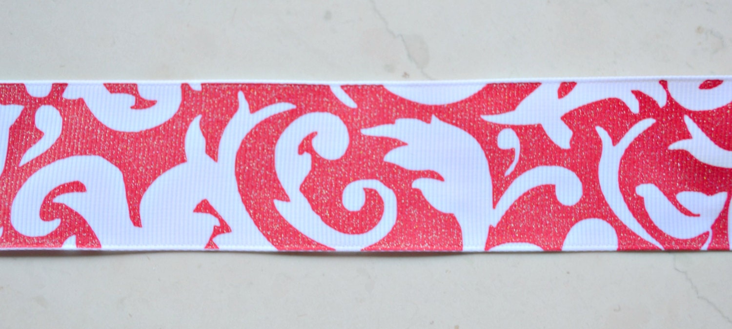 Chic Traditional red & white sparkle Damask Print 1.5" grosgrain ribbon Il_570xn