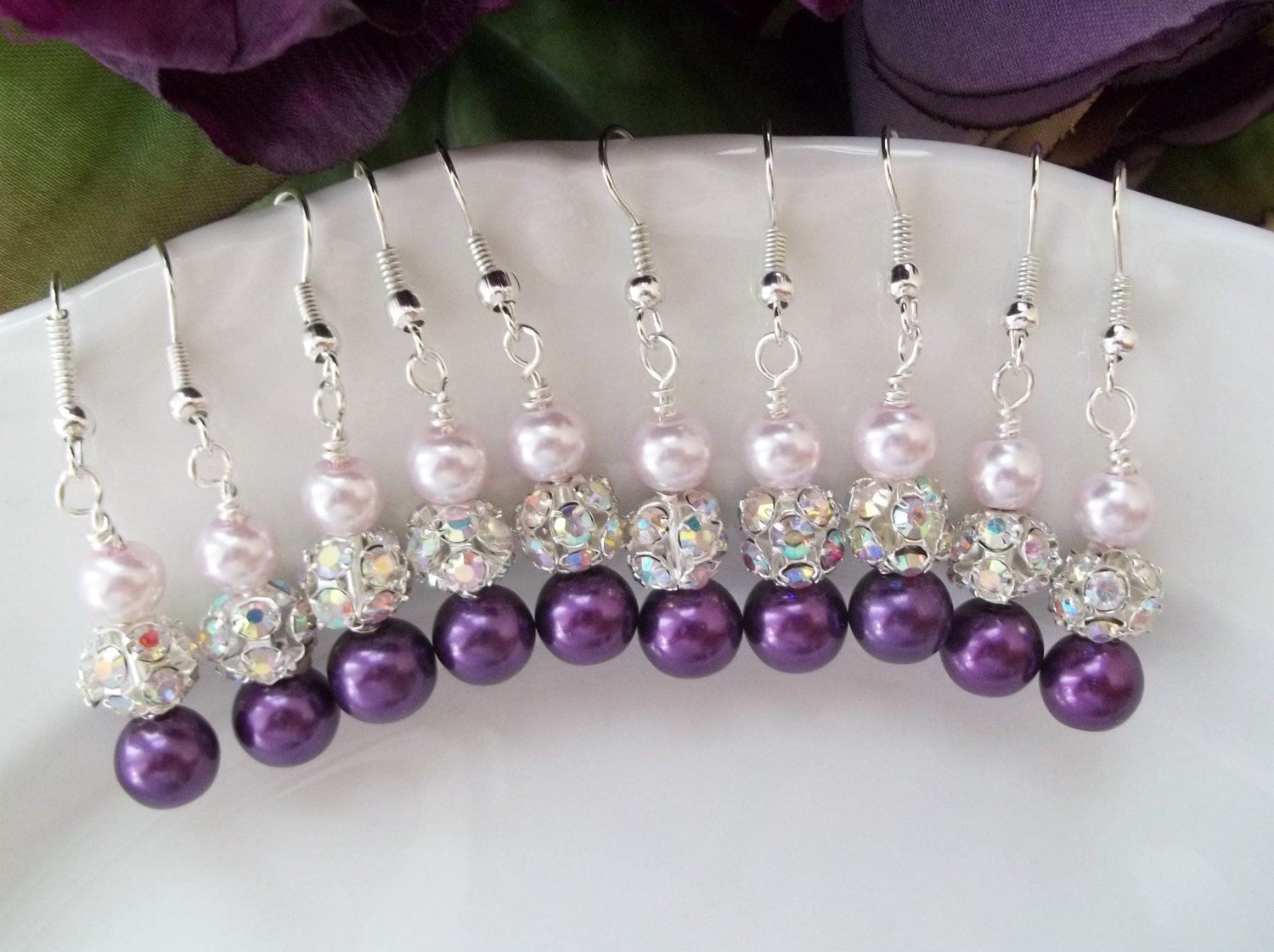 Set Of 5 Bridesmaids Earrings,Dark Purple Lavender Pearl Bridesmaid Earrings,Rhinestones,Five Pairs Purple Bridesmaid Jewelry