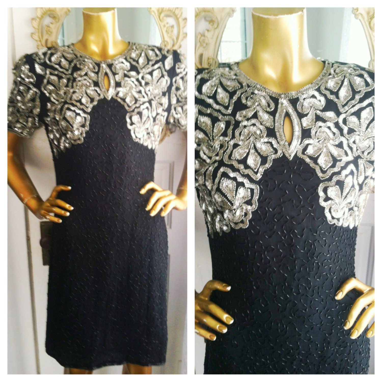 Black and Silver Sequin Beaded Party Cocktail Dress