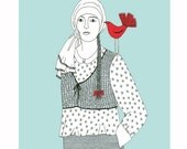 10" x 8" Print Red Aqua Black White Art Illustration Pen And Ink Drawing Bird Art Ink Art Woman With Bird Folk Art Contemporary Art